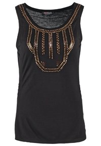 Zwarte mouwloze tanktop van zacht materiaal, voorzien van metalen bronzen studs in een decoratief patroon langs de halslijn.