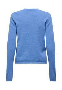 Blauwe trui met lange mouwen en een gestructureerde afwerking, voorzien van een ronde hals en een rechte zoom. Eenvoudig, minimalistisch ontwerp zonder versieringen.