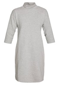 Šedé bavlněné šaty s polo-rolákem, tříčtvrtečními rukávy, volným střihem a rovním lemem. Hladká textura, minimalistický design.