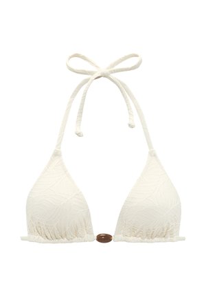 Weißes, strukturiertes Bikini-Oberteil mit dreieckigen Körbchen, Neckholder zum Binden und einer braunen ovalen Verzierung in der Mitte vorne.