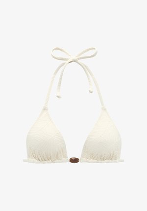 Weißes, strukturiertes Bikini-Oberteil mit dreieckigen Körbchen, Neckholder zum Binden und einer braunen ovalen Verzierung in der Mitte vorne.