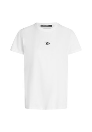 Camiseta de algodão branca com decote redondo, mangas curtas e um pequeno logótipo bordado a preto na área do peito esquerdo.