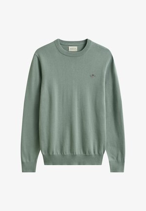Hellgrüner Pullover mit langen Ärmeln und Rundhalsausschnitt, mit kleinem gesticktem GANT-Logo auf der linken Brust sowie gerippten Bündchen und Saum.