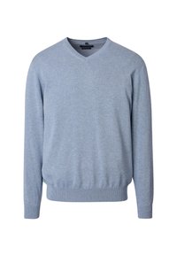 Hellblauer Strickpullover mit V-Ausschnitt, langen Ärmeln und gerippten Bündchen und Saum, gefertigt aus weichem, strukturiertem Stoff.