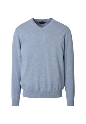 Hellblauer Strickpullover mit V-Ausschnitt, langen Ärmeln und gerippten Bündchen und Saum, gefertigt aus weichem, strukturiertem Stoff.