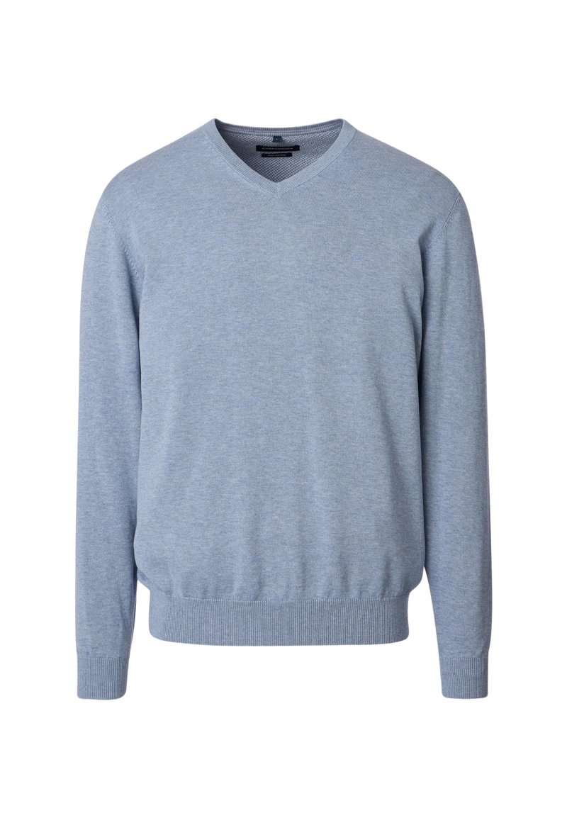 Hellblauer Strickpullover mit V-Ausschnitt, langen Ärmeln und gerippten Bündchen und Saum, gefertigt aus weichem, strukturiertem Stoff.