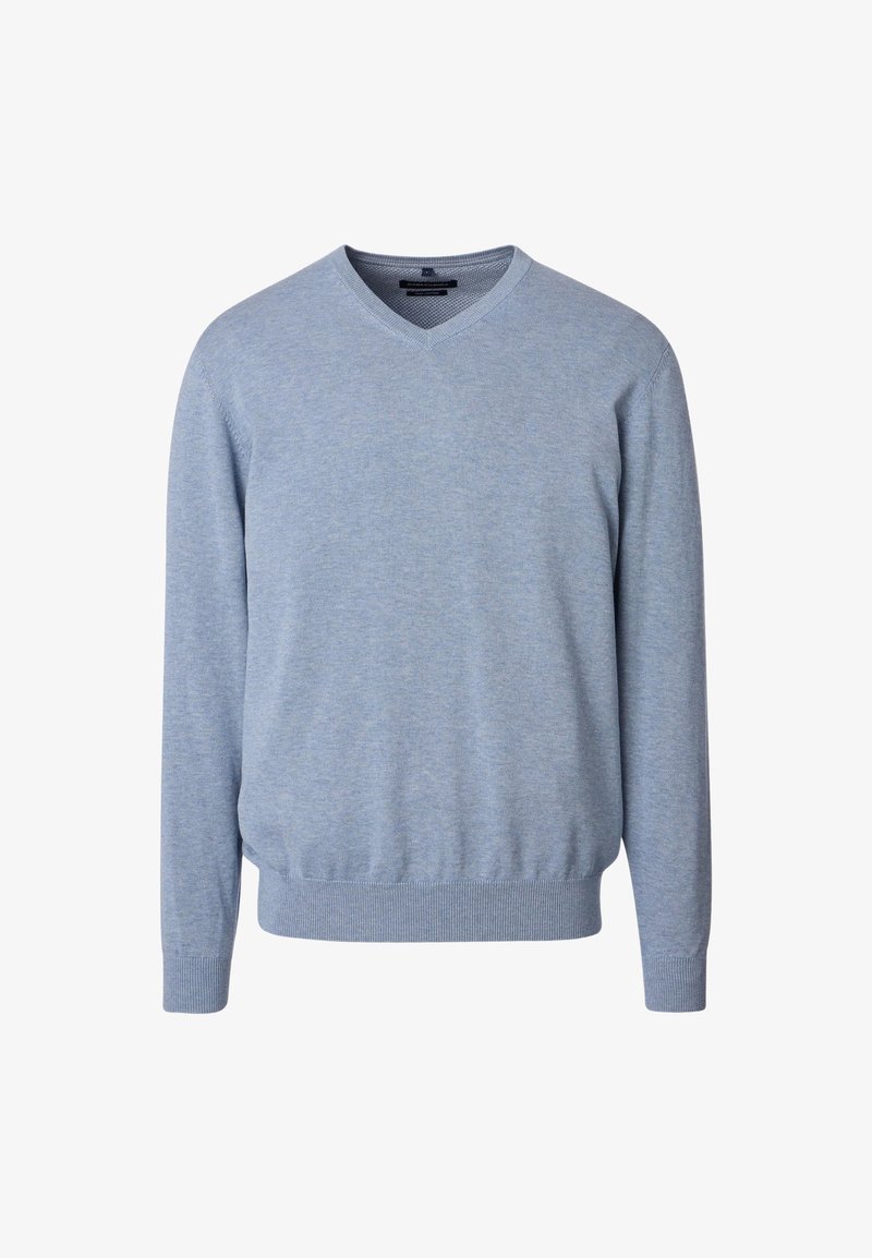 Hellblauer Strickpullover mit V-Ausschnitt, langen Ärmeln und gerippten Bündchen und Saum, gefertigt aus weichem, strukturiertem Stoff.