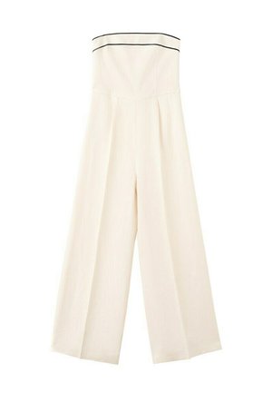 Strapless white wide-leg jumpsuit with black trim along the top edge and tailored seams on the bodice.