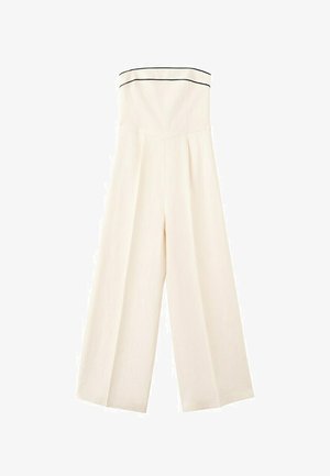 Strapless white wide-leg jumpsuit with black trim along the top edge and tailored seams on the bodice.