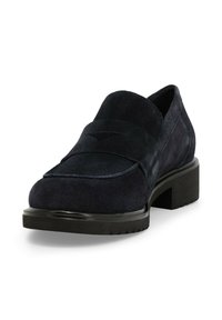 Mocassino in suede blu navy con punta arrotondata, cinturino frontale e tacco grosso nero. Superficie testurizzata con dettagli di cucitura minimali.