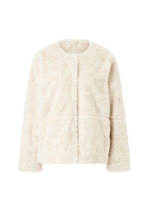 Cremefarvet faux fur jakke med rund hals, lange ærmer, tekstureret mønster og forreste sømme, der giver et varmt og hyggeligt udseende.