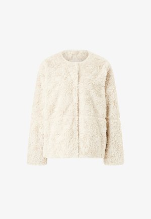 Cream-colored faux fur jacket with a round neck, long sleeves, textured pattern, and front seams, offering a warm and cozy appearance.