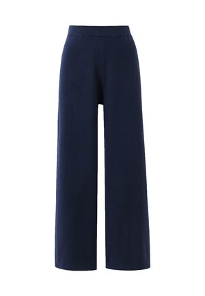Marineblaue weite Hosen aus einem strukturierten Strickstoff mit hohem Bund und sauberen, genähten Nähten. Glatte Oberfläche und lässige Passform.