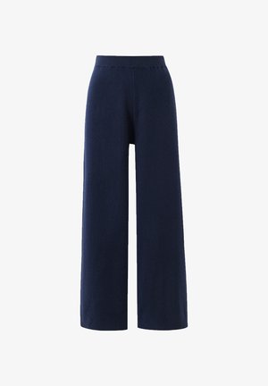 Marineblauwe wijde broek van een gestructureerde brei-fabric met een hoge tailleband en nette, gestikte naden. Glad oppervlak en een ontspannen pasvorm.