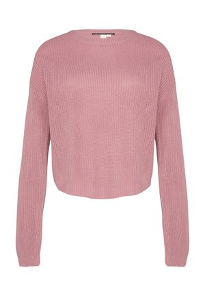 Roze gebreide trui met een ronde hals, lange mouwen en een cropped zoom. De stof heeft een gestructureerde, losse weefsel.