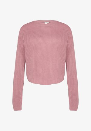 Różowy sweter z dzianiny z okrągłym dekoltem, długimi rękawami i skróconym dołem. Tkanina ma teksturowany, luźny splot.
