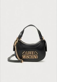 Black leather handbag with gold chain strap, short handle, and gold "LOVE MOSCHINO" logo with heart details on front.