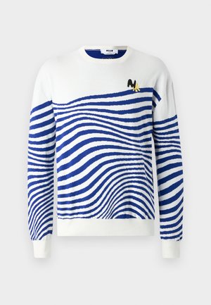 White sweater featuring blue wavy stripes, round neck, long sleeves, and a small black and yellow logo on the chest. Soft knit texture.