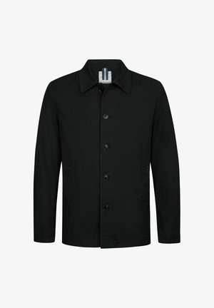 Schwarze, zum Knöpfen vorgesehene Jacke mit Kragen, zwei Seitentaschen und geradem Schnitt. Hergestellt aus glattem Stoff mit matter Oberfläche.