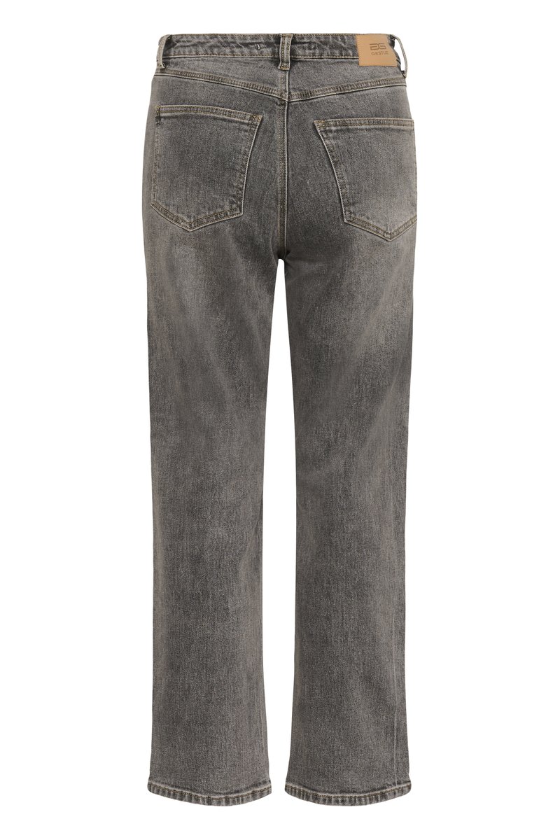 Jean en denim gris avec une coupe droite, taille haute, cinq poches et une étiquette de marque en cuir sur la ceinture.