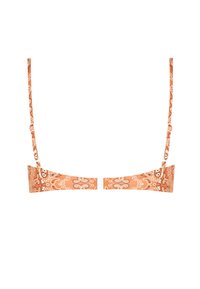 Sujetador naranja con un patrón de paisley, tirantes finos y un diseño minimalista. Hecho de una tela suave con una textura delicada.