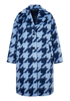 Blå og navy oversize uldfrakke med stort hundetandsmønster, reverskrave, tre sorte knapper og to sidelommer.