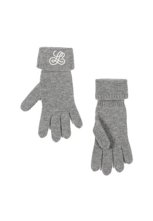 Gray knitted gloves with a ribbed cuff, featuring an embroidered white logo on the cuff and five-finger design for dexterity.