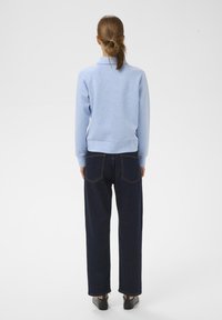Hellblauer Sweatshirt mit Kragen, gerippten Bündchen und Saum; kombiniert mit dunkelblauen geraden Jeans mit Gesäßtaschen.