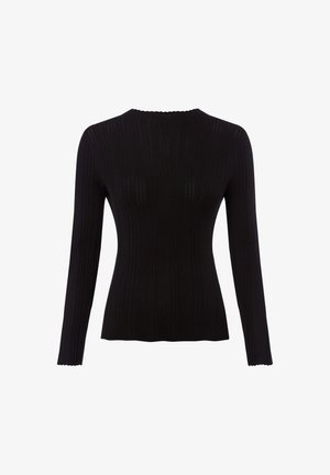 Schwarzer Pullover mit langen Ärmeln aus ribbelstrick Material. Verfügt über einen runden Ausschnitt und gewellte Kanten, mit einem strukturierten Muster durchgehend.