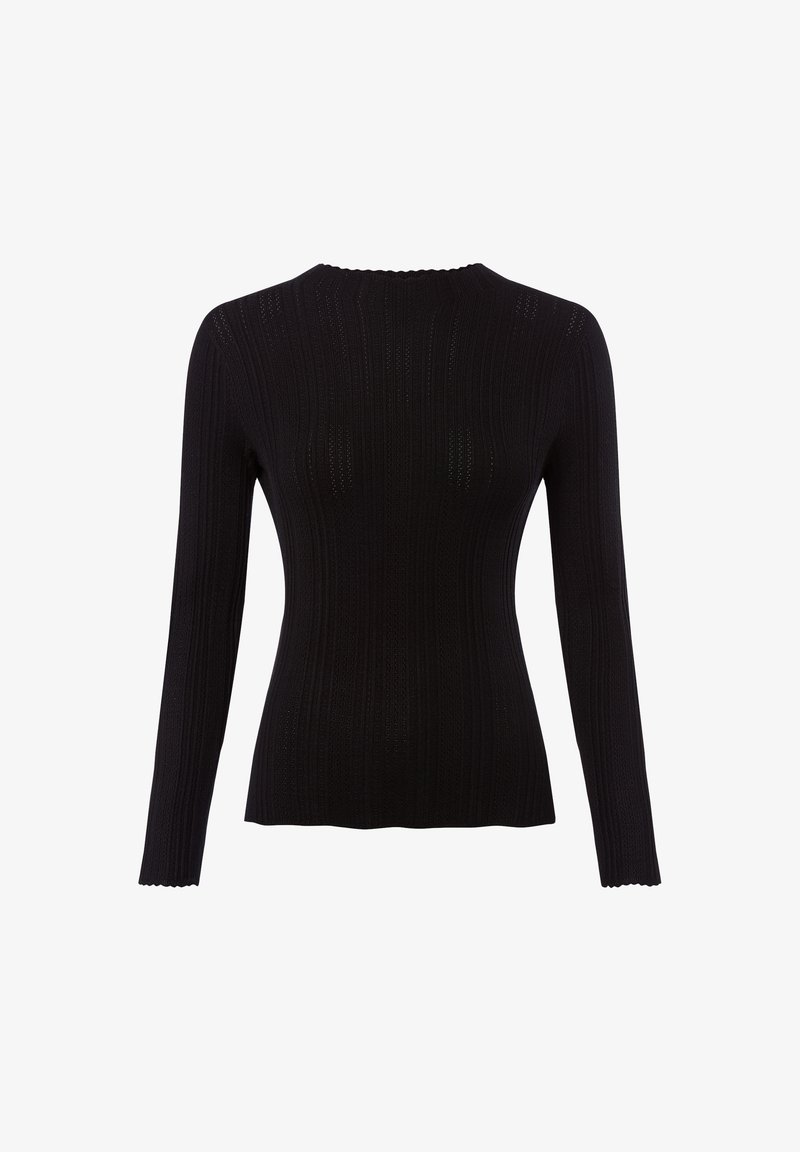 Schwarzer Pullover mit langen Ärmeln aus ribbelstrick Material. Verfügt über einen runden Ausschnitt und gewellte Kanten, mit einem strukturierten Muster durchgehend.