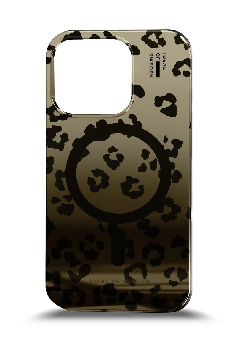 Husă de telefon cu un model lucios de leopard negru pe un fundal auriu, având un logo circular în centrul său și margini rotunjite.