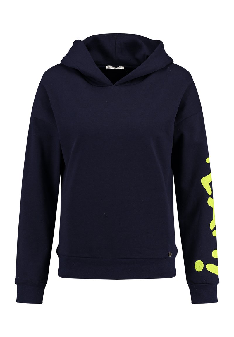 Felpa navy con cappuccio, dotata di tasca frontale a marsupio, cappuccio con coulisse e dettagli grafici in giallo neon sulla manica sinistra. Realizzata in tessuto morbido.