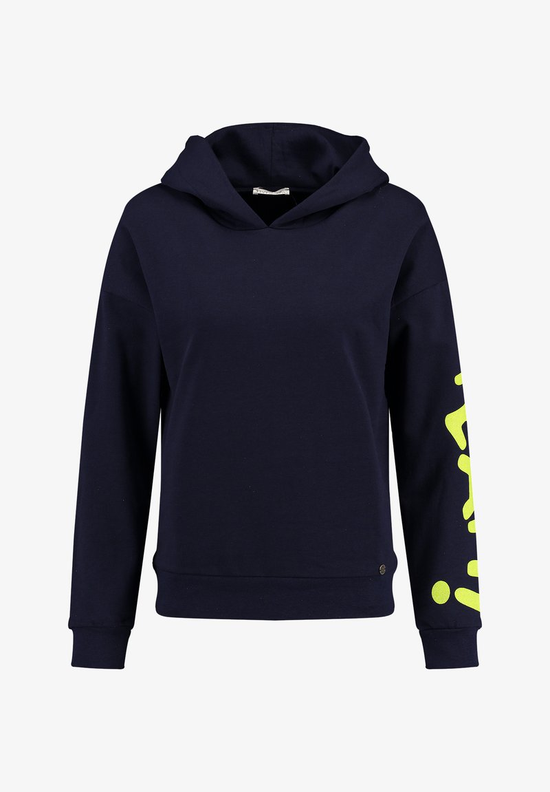 Felpa navy con cappuccio, dotata di tasca frontale a marsupio, cappuccio con coulisse e dettagli grafici in giallo neon sulla manica sinistra. Realizzata in tessuto morbido.