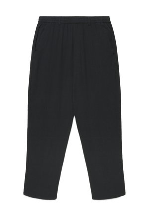 Pantaloni con vita elastica nera, tasche laterali, taglio a gamba dritta e stile casual.