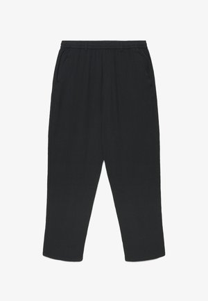 Pantaloni con vita elastica nera, tasche laterali, taglio a gamba dritta e stile casual.