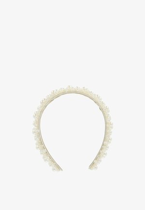 Perlenbesetztes Haarband mit einem goldenen Metallrahmen, das durch eine glatte Oberfläche und eine abgerundete Form besticht, hervorgehoben durch eine Reihe kleiner weißer Perlen.