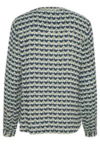 Blusa a maniche lunghe verde e blu navy con un motivo geometrico a diamante. Presenta una vestibilità comoda e polsini con bottone. Tessuto morbido e leggero.