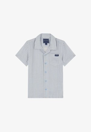 Világoskék, rövidujjú ing fehér függőleges csíkokkal. Mellzsebes, a zseben pedig egy "GUESS" logó címke található.