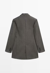 Gray blazer with a textured finish, single vent at the back, notch lapels, and four-button cuffs. Clean design, no embellishments.