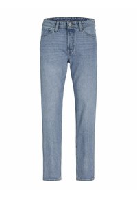 Vaqueros de denim azul claro con corte recto, diseño de cinco bolsillos, costuras cosidas y cierre de botón en la cintura.
