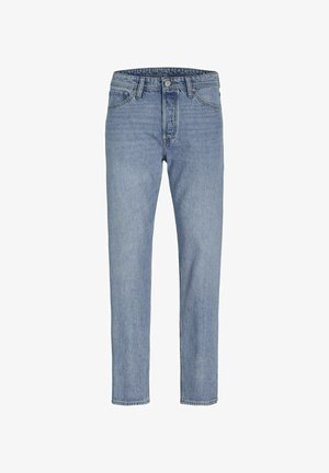 Helle blaue Jeans mit geradem Bein, Fünf-Taschen-Design, genähten Nähten und einem Knopfverschluss an der Taille.