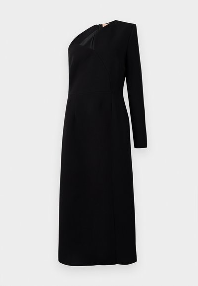 Melnas garo piedurkņu kleitas ar strukturētu dizainu, asimetrisku dekoltē un noslēptu rāvējslēdzēju aizmugurē. Gluda, matēta auduma.