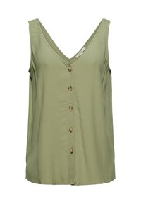 Blouse sans manches vert clair avec col en V et six boutons marron sur le devant, coupe ample et texture de tissu douce.