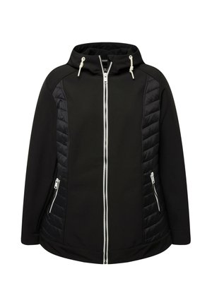 Schwarze Kapuzenjacke mit Reißverschluss vorne, mit gesteppte Seitenpanels, zwei mit Reißverschluss versehenen Taschen und Kordelzügen an der Kapuze. Weicher Stoff.