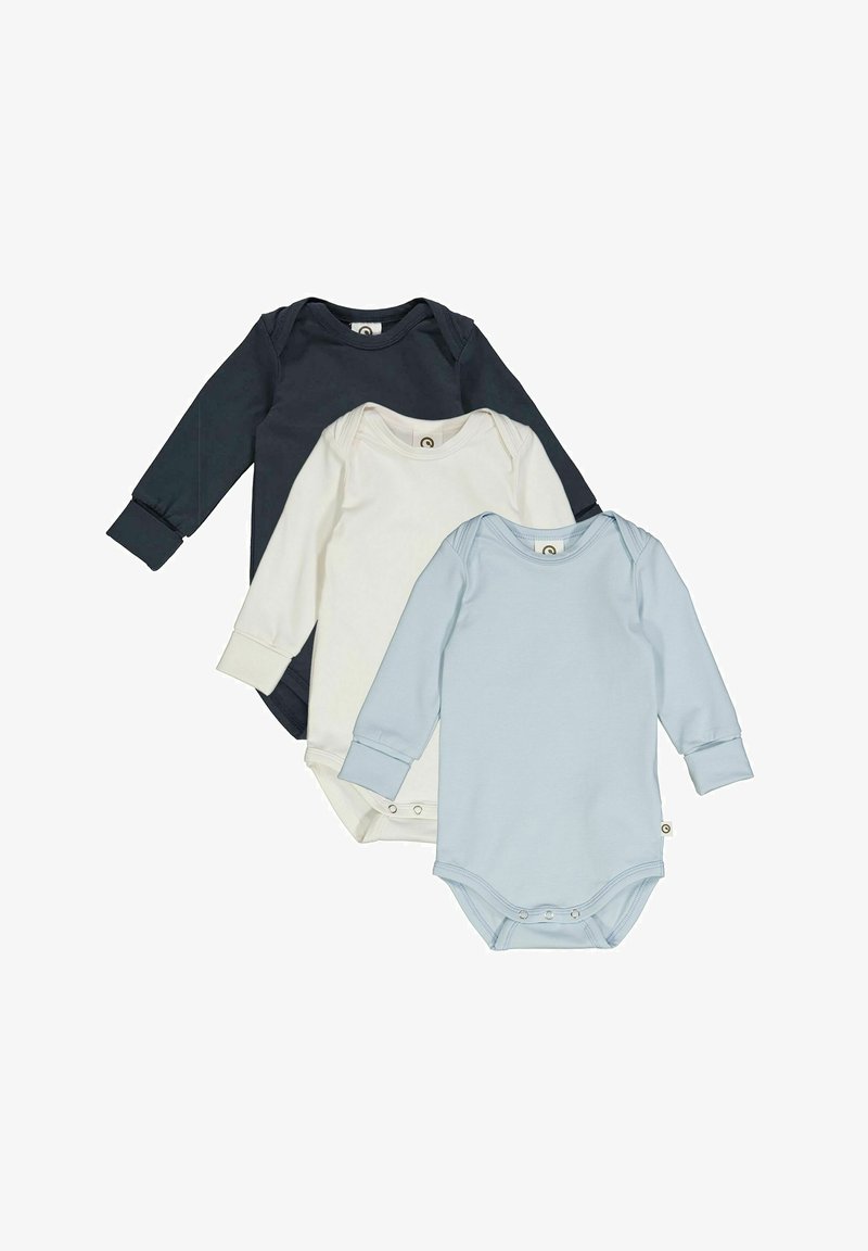 Drei langärmlige Baby-Bodysuits in Marineblau, Weiß und Hellblau. Hergestellt aus weichem Stoff mit Druckknöpfen am unteren Ende und gerafften Ärmeln.