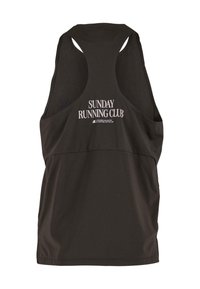 Canotta da corsa nera con design a schiena scoperta, caratterizzata dalla scritta "SUNDAY RUNNING CLUB" in bianco. Realizzata in materiale leggero e traspirante.