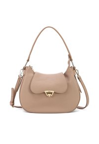 Borsa a mano in pelle strutturata beige con forma arrotondata, manico superiore e tracolla removibile. Presenta una chiusura magnetica e accessori in oro.