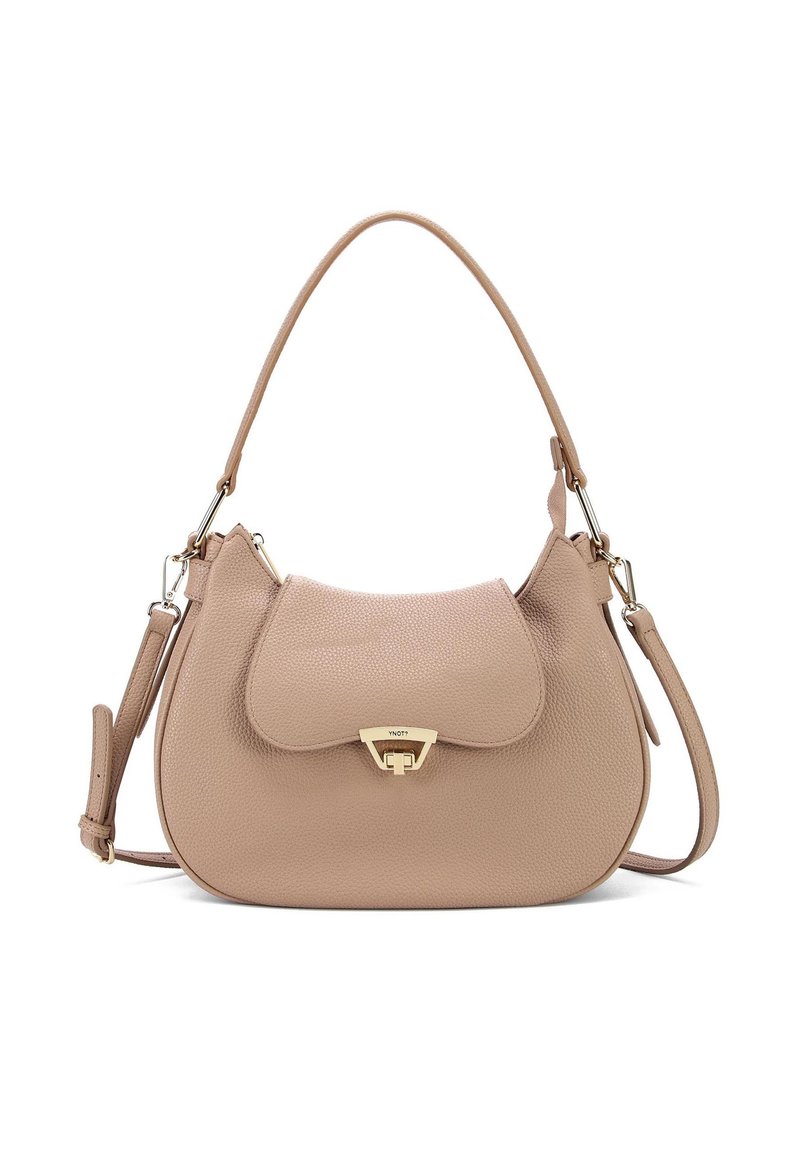 Borsa a mano in pelle strutturata beige con forma arrotondata, manico superiore e tracolla removibile. Presenta una chiusura magnetica e accessori in oro.