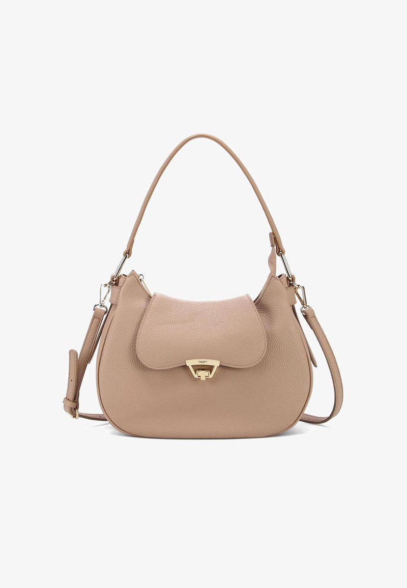 Borsa a mano in pelle strutturata beige con forma arrotondata, manico superiore e tracolla removibile. Presenta una chiusura magnetica e accessori in oro.