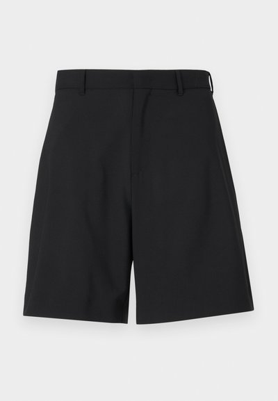 Black shorts made of smooth fabric with a tailored design, featuring a flat front and two side pockets, and a regular waistband.